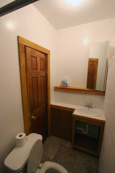 Compact bathroom with shower.