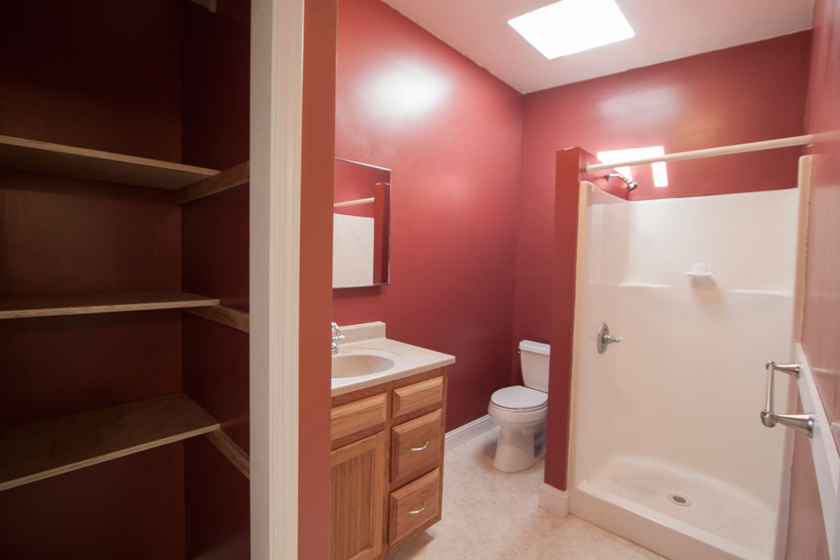 Upstairs bath with skylight and closet.