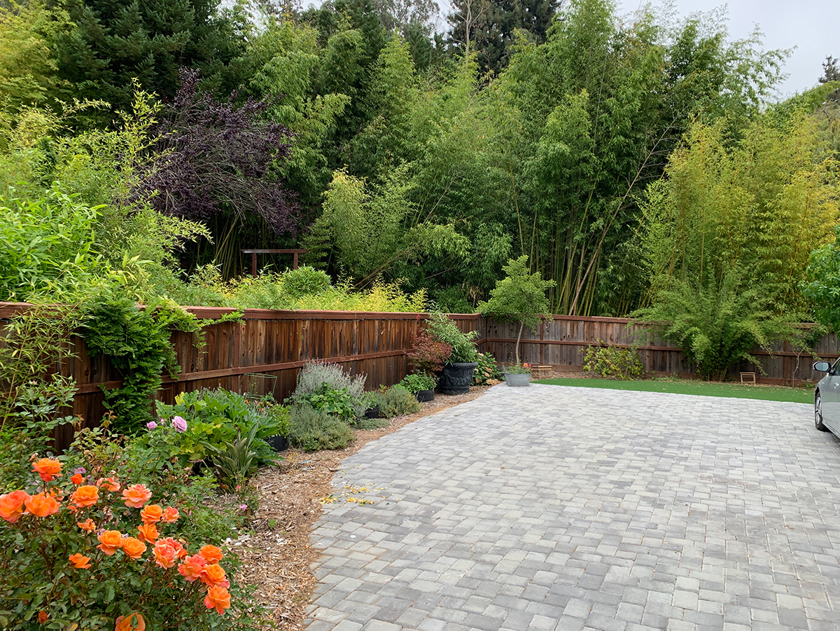 Parking area surrounded by amazing gardens.