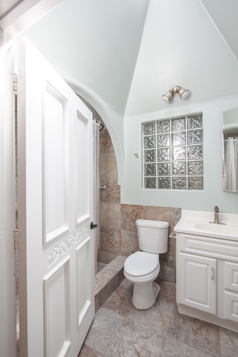 Mural Suite bath with vaulted ceiling and skylight.