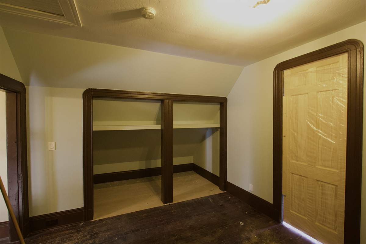 Rear bedroom ~13×14 with two closets; large attached bath & private porch (remodeling).